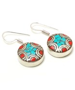 Turquoise Red Coral Bohemian Drop Dangle Jewelry Earrings Nepali 1.40&quot; S... - £6.20 GBP