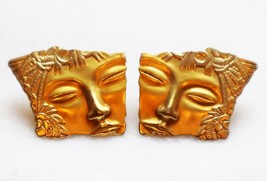 Vintage JJ Jonette Earrings Mayan Deities Faces Gold Tone Large Size Pierced Ear - £19.77 GBP