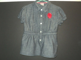 Gymboree Girls Size 4 Denim Navy Blue-Black Top Short Sleeves Red Flower... - £8.93 GBP