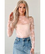 Apricot Pink Sheer Floral Lace Mesh Mock Neck Long Sleeve Top - €7,21 EUR