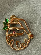 Large Open Work Goldtone Santa Claus Head w Green &amp; Red Holly Berry Christmas - £9.02 GBP