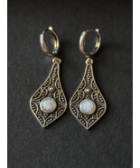 925 Sterling Silver Moonstone Earrings, Vintage Filigree Design, 1.75&quot; Long - $44.88