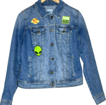 Old Navy Womens Denim Jacket Size Medium Alien Patches Jean Outer Space Trucker - $10.40