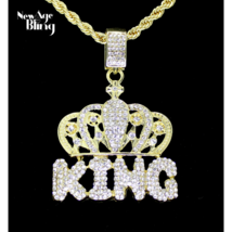 Iced Crown King Rhinestone Pendant 24&quot; Rope Chain 14k Gold Plated HipHop... - £7.88 GBP