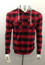 Amnesia Men&#39;s Small Red Checked Fleece Button Up Long Sleeve Hoodie - $10.79 CAD