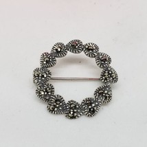 Vintage 925 Sterling Silver Marcasite Heart Wreath Circle Brooch Pin - £18.13 GBP