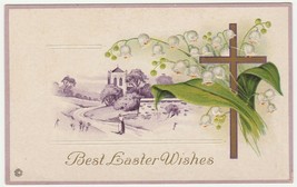 Vintage Easter Postcard Village Cross Lily of the Valley Embossed Unused - $6.92