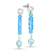 Stylish Light Blue Murano and Freshwater Pearl Sterling Silver Dangle Earrings - £11.84 GBP