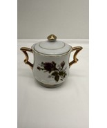 Vintage Small Porcelain Sugar Bowl w/Lid Rose Pattern w/Gold Tone Trim - £14.84 GBP