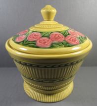Biscuit Jar Pottery Yellow Stripes Pink Roses VINTAGE #3052 6.25&quot; x 5.5&quot; Round. - £13.89 GBP