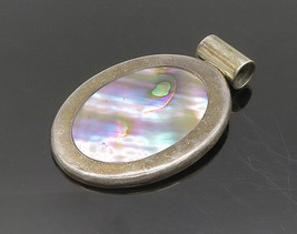 925 Sterling Silver - Vintage Inlaid Abalone Shell Shiny Oval Pendant - PT15397 - £64.81 GBP