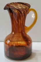 Tortoise Shell Brown Hand Blown Art Glass Water Pitcher Vase Handle 8&#39;&#39; ... - $32.38