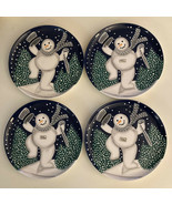 Dept.56 Snowman Christmas 10&quot; Dinner Plates Hand Painted Blue White - $33.53 CAD