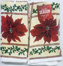 2 SAME TEA KITCHEN TOWELS(15x25&quot;)CHRISTMAS POINSETTIA FLOWERS &amp; HOLLY BE... - £8.49 GBP