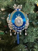 Vtg DISTASIO Satin Push Pin 3.5&quot; Beaded Pearl BLUE Christmas Ornament MINT (50+) - £27.65 GBP