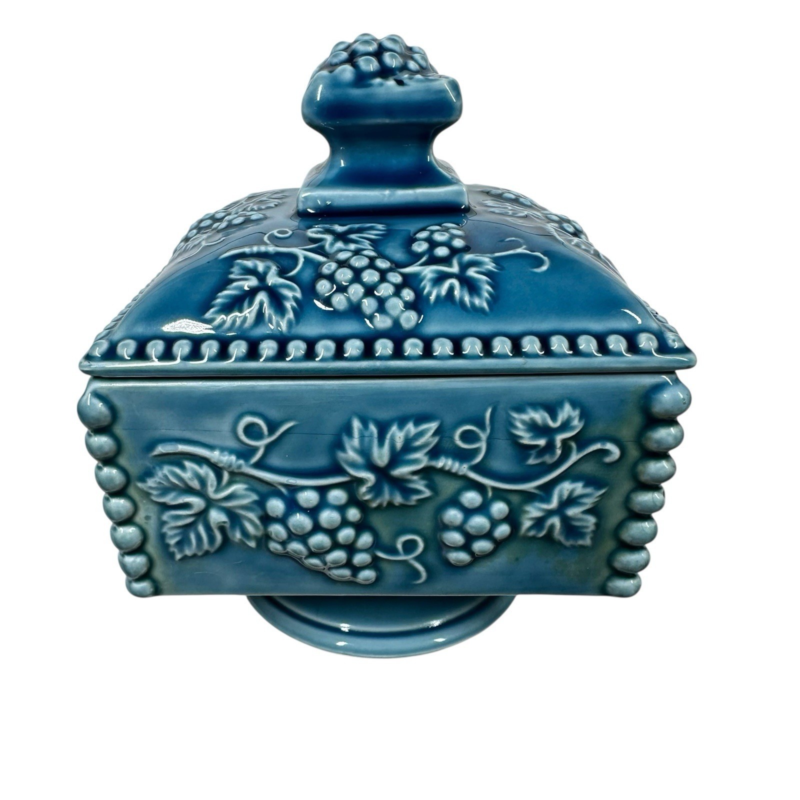 Vintage Enesco Turquoise Pedestal Grapevine Candy Nut Dish with Lid Square Japan Item image 5