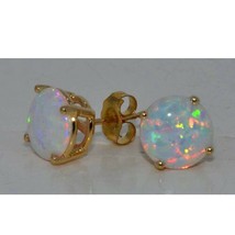 14Kt Yellow Gold Plated Silver Simulated Opal 8mm Round Solitaire Stud Earrings - £34.40 GBP