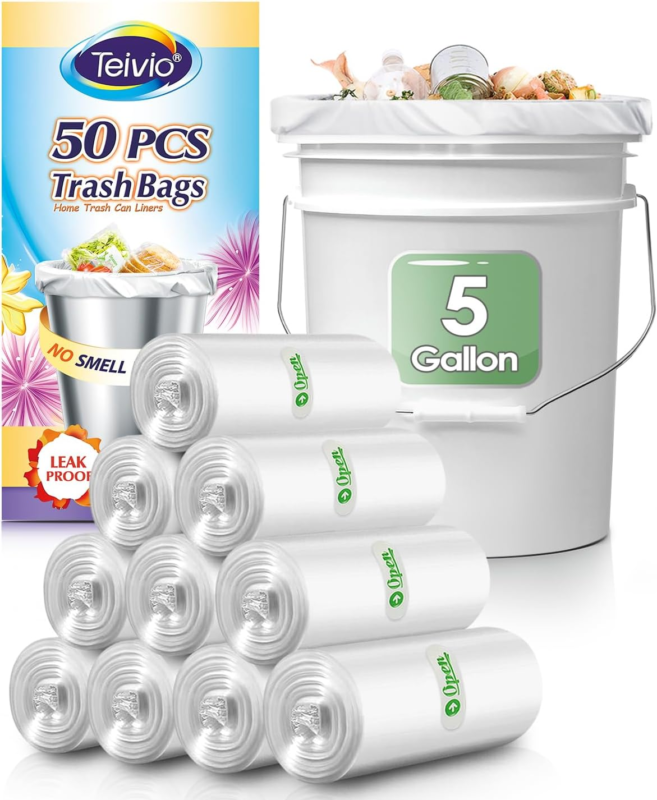 Teivio 50 Pack 5 Gallon Garbage Bags, HDPE Clear Bin Liners for Home &amp; P... - $9.65