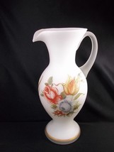 Cased satin glass pitcher or vase floral decals hand painted gold accents 9&quot; - £13.77 GBP