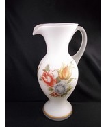 Cased satin glass pitcher or vase floral decals hand painted gold accent... - $17.50