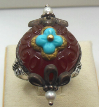 Vintage Signed BIXBY 18K, 925 Carnelian, Turquoise, Pearl Ring, Size 8 - $247.50