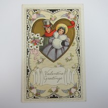 Postcard Greeting Valentine Antique Couple Man Top Hat Woman Winter Muff Heart - £7.98 GBP