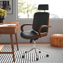 Modern High Back Walnut Wood Office Chair With Pu Leather Curved Ergonomic - £183.79 GBP