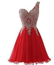 One Shoulder Short Beaded Gold Lace Prom Dress Homecoming Cocktail Gowns Red US  - £66.45 GBP