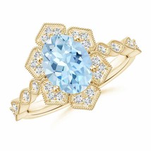 ANGARA Oval Aquamarine Trillium Floral Shank Ring for Women in 14K Solid Gold - £1,441.33 GBP
