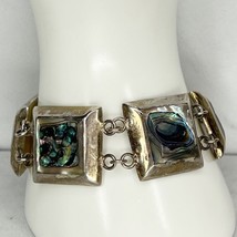Vintage Mexico Silver Tone Abalone Shell Square Panel Chain Link Toggle ... - $39.59