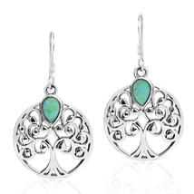 Beautiful Tree of Life w/ Green Turquoise Sterling Silver Dangle Earrings - £13.69 GBP