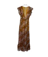 Luxxel Maxi Dress Plunging Neckline Cap Ruffle Sleeves Yellow Gold Floral Size S - $23.94