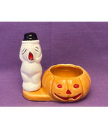 Vintage ceramic Halloween ghost w pumpkin candy dish candle holder Houst... - £9.39 GBP