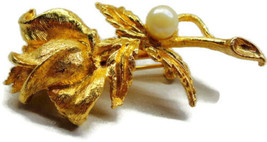 Vintage Costume Brooch Long Stem Golden Rose Imitation Pearl Sash Pin 2&quot; x 1&quot; - £11.81 GBP