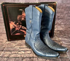 Los Altos Genuine Caiman Cut Leather Boots Blue Square Toe Size 7 EE GUC - $133.65