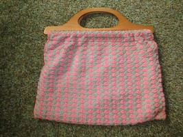 Vtg. Hand Crocheted Cotton Shell Design Lined Tote w/WOOD Handles - 14&quot; X 10&quot; - £11.00 GBP