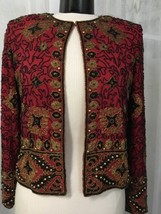 Adrianna Papell Women&#39;s Blazer Decorated Red Silk Beaded Blazer Size Small - $23.76