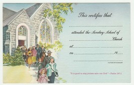 Vintage Postcard Sunday School Families Leave Church Unused 1950&#39;s Linen - £6.32 GBP