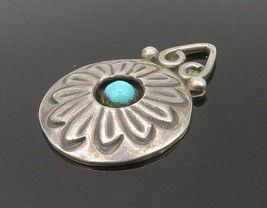 NAVAJO 925 Sterling Silver - Vintage Turquoise Flower Motif Pendant - PT13324 - £52.57 GBP