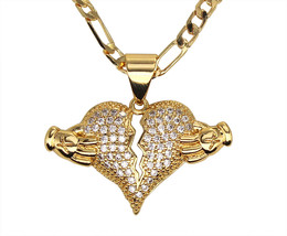 Broken Heart Iced CZ Pendant 20&quot; Figaro Necklace 14k Gold Plated Jewelry - £7.73 GBP
