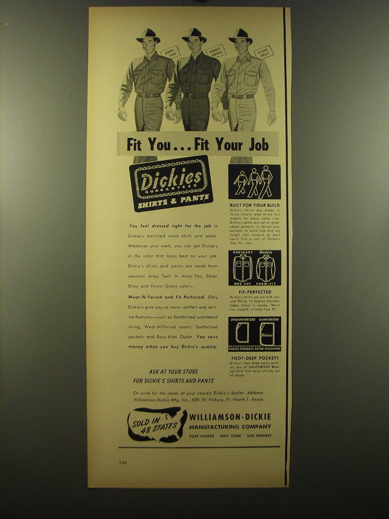 1950 Dickies Shirts & Pants Ad - Fit you fit your job - $18.49