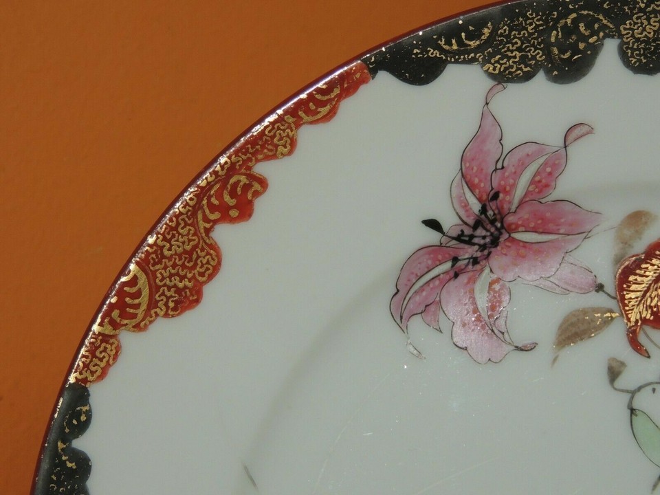 Seto Porcelain Plate 8.25" Bird Lily Lilies flower Japanese 19th Meiji Antique Item image 2