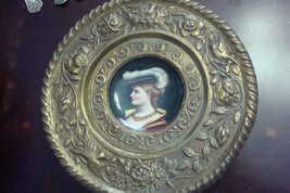 French hand painted portrait of a lady on ceramic w/engraved brass frame origi - £84.23 GBP