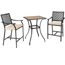 3 Pcs Outdoor Bar Stool Square Table Bistro Set Cushioned Chairs Armrest - £327.71 GBP