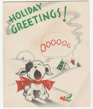 Vintage Christmas Card Howling Dog Snow Cottage Anthropomrophic Moon 1940 - £6.31 GBP
