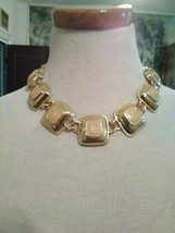 VINTAGE GOLDEN CHOKER NECKLACE SQUARES ENAMELLED IN CREAM W/ TOGGLE CLOSURE - £18.74 GBP