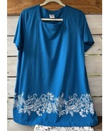 BLAIR Women&#39;s L Knit Top Tunic Blue White Butterflies Floral Shirt Sq. N... - £16.95 GBP