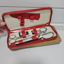 Griffon 3-Scissor Sewing Set Red Leather Zip Case With Box Vtg - £23.29 GBP
