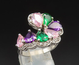 925 Silver -  Vintage Emerald Amethyst &amp; Topaz Floral Ring Sz 7 - RG24717 - £38.69 GBP
