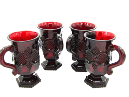 4 1970&#39;s Vintage Avon 1876 Cape Cod Ruby Red Glass Mugs Pedestal Cups 4 ... - $27.71